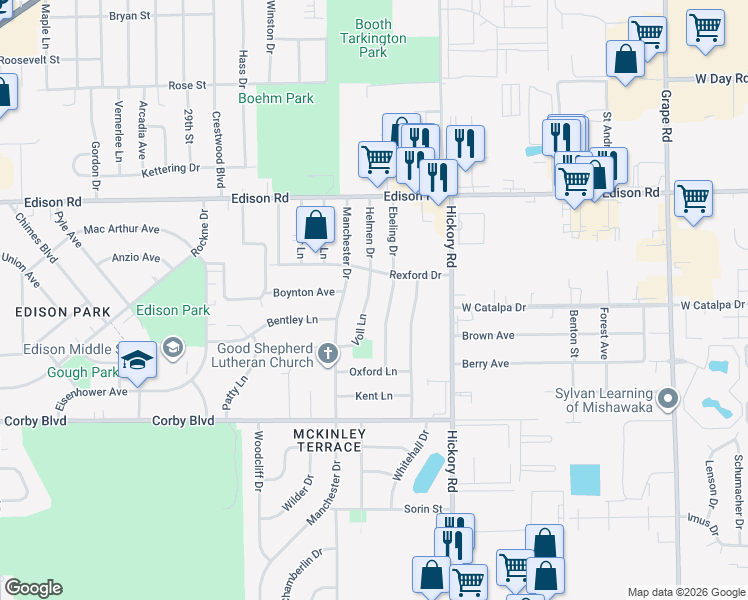 map of restaurants, bars, coffee shops, grocery stores, and more near 1139-1145 Helmen Drive in South Bend