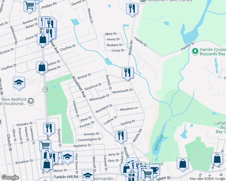 map of restaurants, bars, coffee shops, grocery stores, and more near 4 Monmouth Street in Acushnet