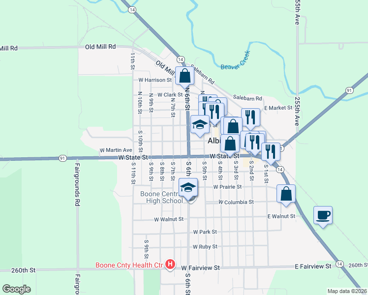 map of restaurants, bars, coffee shops, grocery stores, and more near East Church Street in Albion