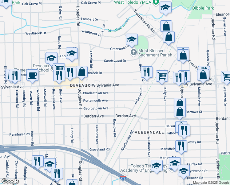 map of restaurants, bars, coffee shops, grocery stores, and more near 2298 Charlestown Avenue in Toledo