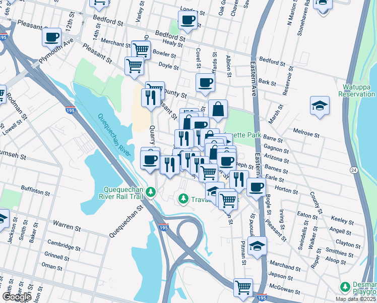 map of restaurants, bars, coffee shops, grocery stores, and more near 256 Flint Street in Fall River