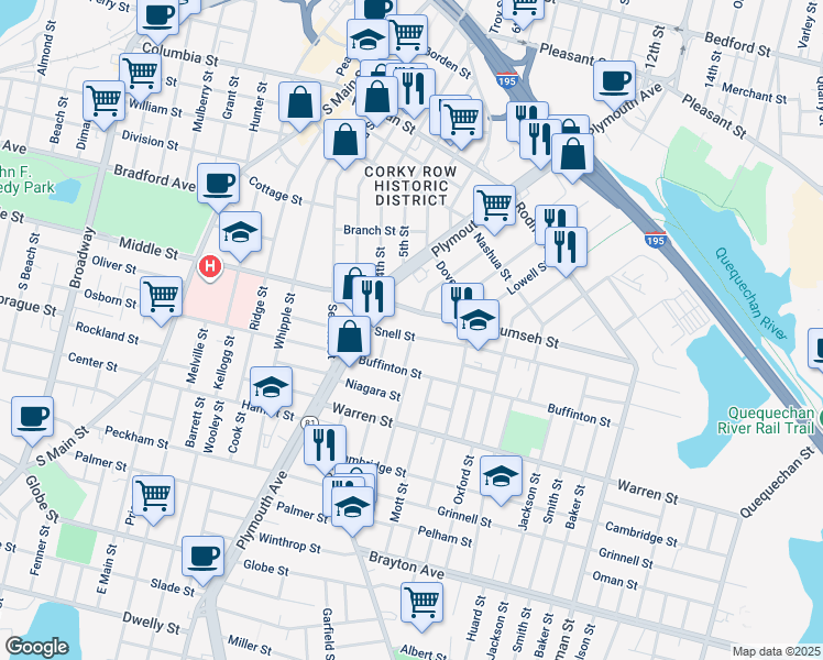 map of restaurants, bars, coffee shops, grocery stores, and more near 135 Snell Street in Fall River
