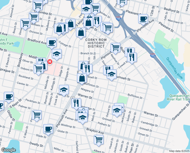 map of restaurants, bars, coffee shops, grocery stores, and more near 22 Lenox Street in Fall River