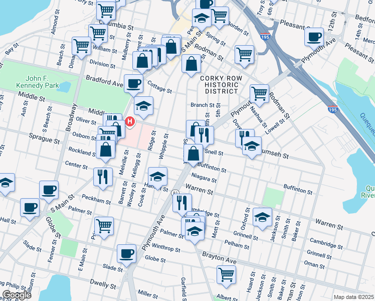 map of restaurants, bars, coffee shops, grocery stores, and more near 867 Plymouth Avenue in Fall River