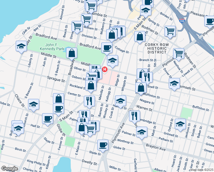 map of restaurants, bars, coffee shops, grocery stores, and more near 34 Kellogg Street in Fall River