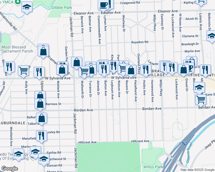 map of restaurants, bars, coffee shops, grocery stores, and more near 3921 Burton Avenue in Toledo