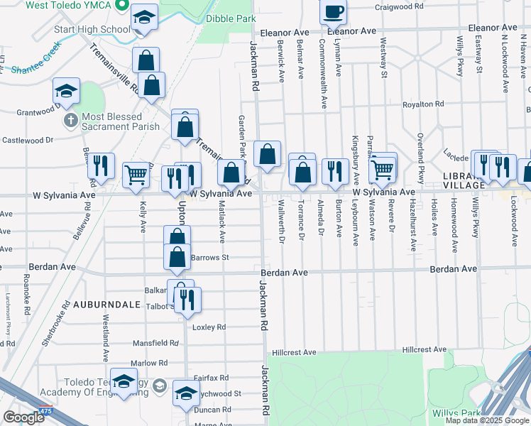 map of restaurants, bars, coffee shops, grocery stores, and more near 3922 Jackman Road in Toledo
