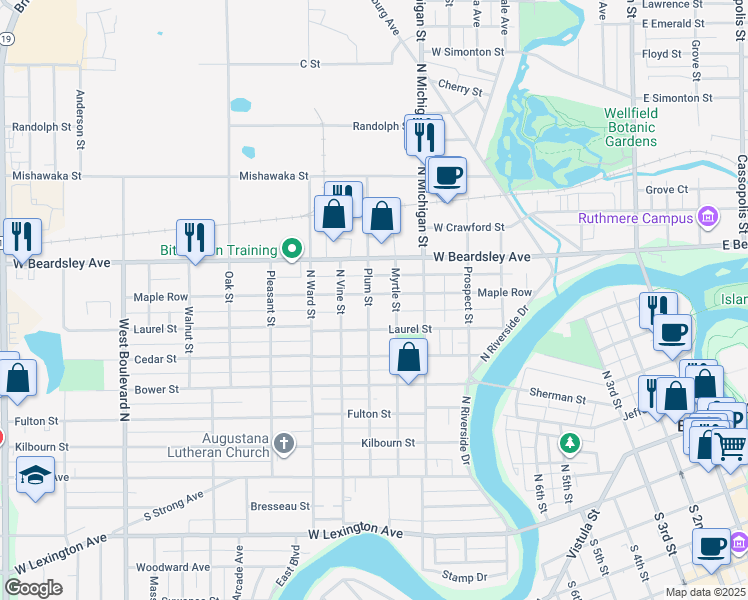 map of restaurants, bars, coffee shops, grocery stores, and more near 614 Plum St in Elkhart