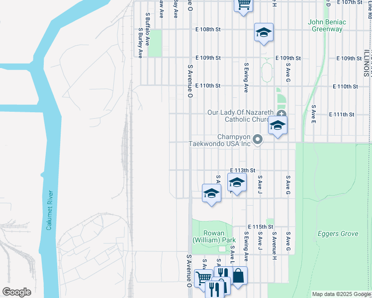 map of restaurants, bars, coffee shops, grocery stores, and more near 11233 South Avenue O in Chicago