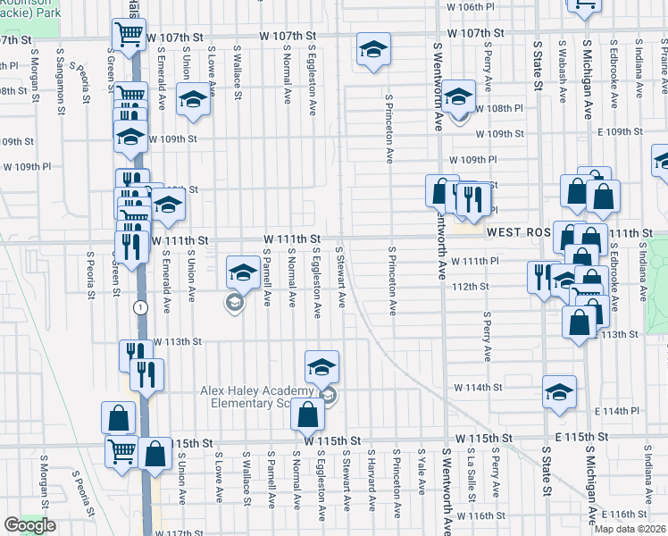 map of restaurants, bars, coffee shops, grocery stores, and more near 11150 South Stewart Avenue in Chicago