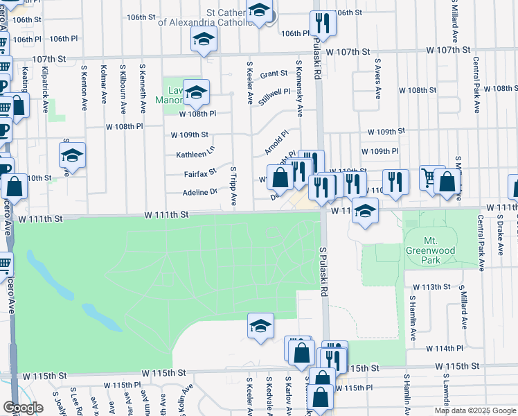 map of restaurants, bars, coffee shops, grocery stores, and more near 11047 South Keeler Avenue in Oak Lawn