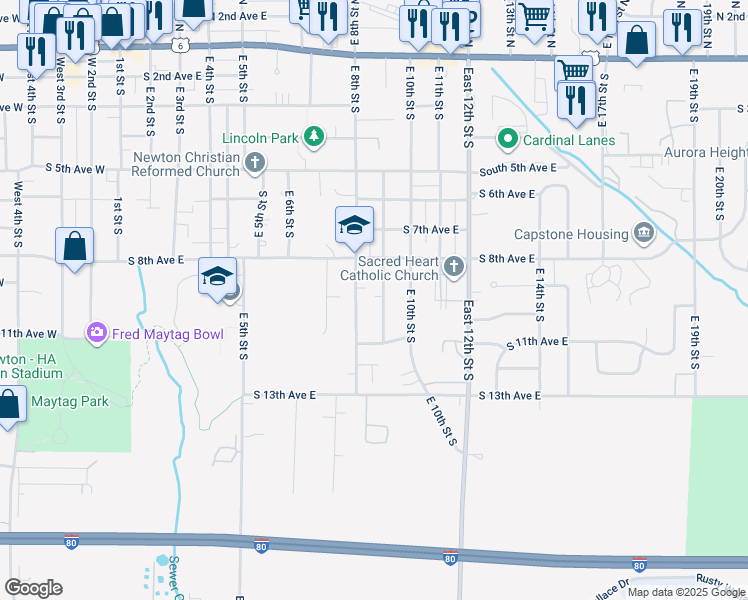 map of restaurants, bars, coffee shops, grocery stores, and more near 910 East 9th Street South in Newton
