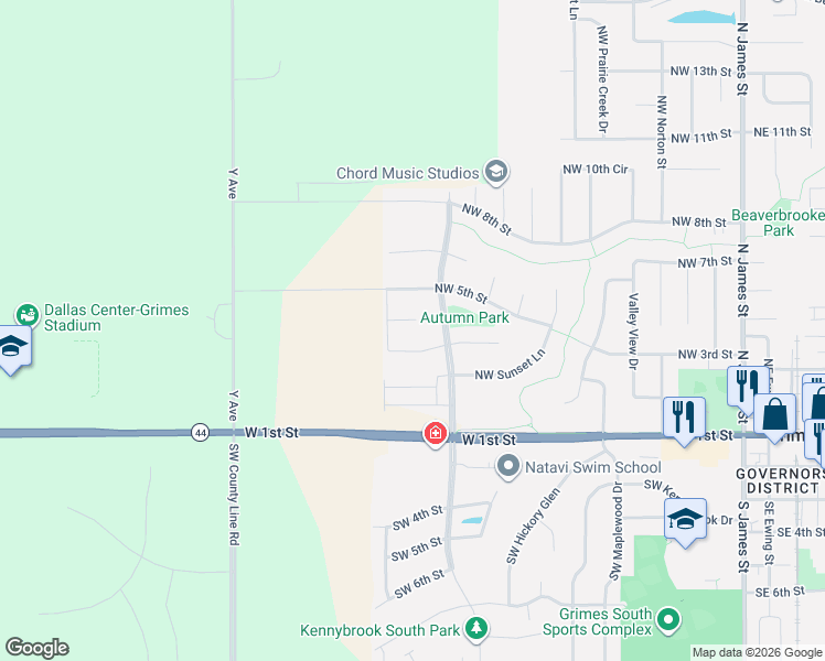 map of restaurants, bars, coffee shops, grocery stores, and more near 1205 Northwest 3rd Street in Grimes