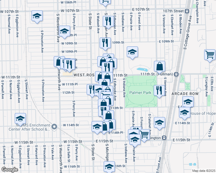 map of restaurants, bars, coffee shops, grocery stores, and more near 33 East 111th Place in Chicago