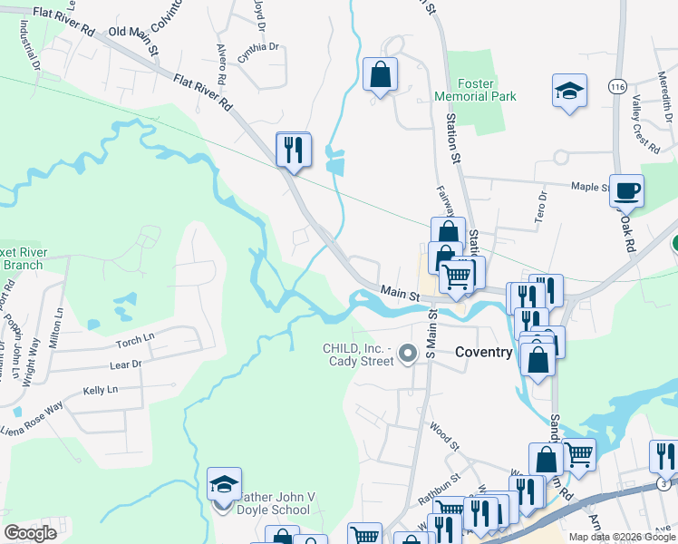 map of restaurants, bars, coffee shops, grocery stores, and more near 1260 Main Street in Coventry