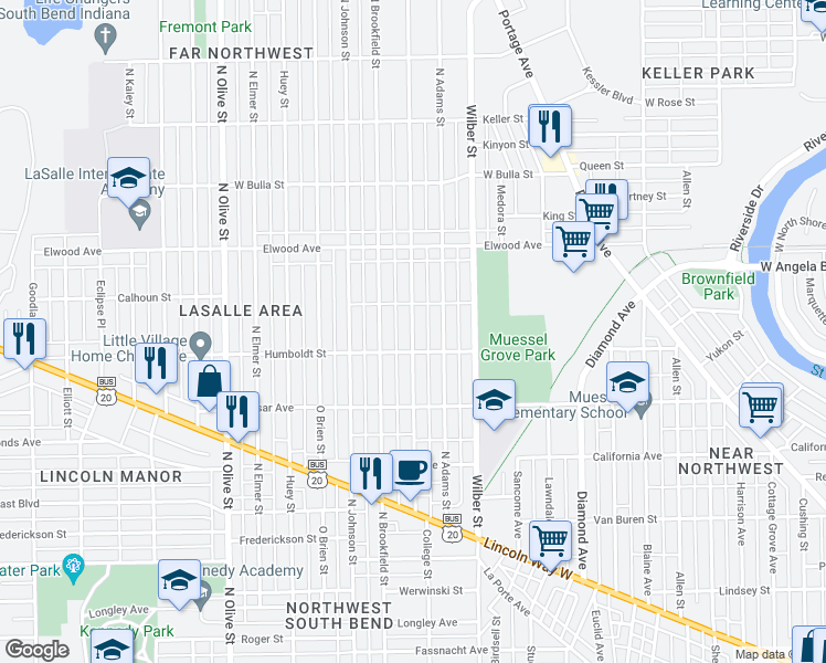 map of restaurants, bars, coffee shops, grocery stores, and more near 1222 College Street in South Bend
