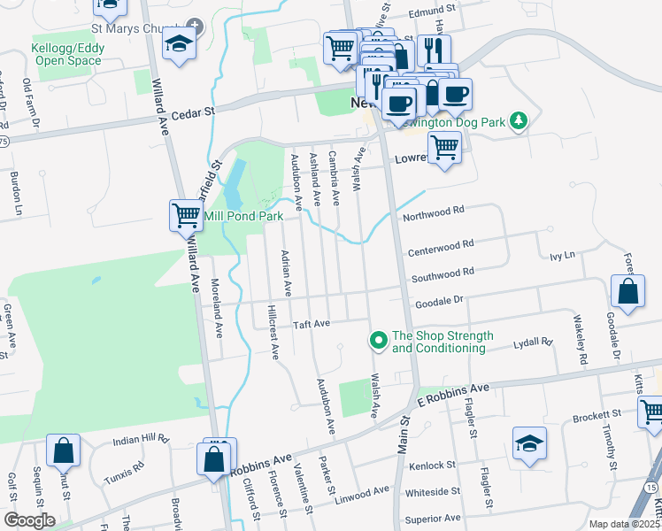 map of restaurants, bars, coffee shops, grocery stores, and more near 183 Ashland Avenue in Newington