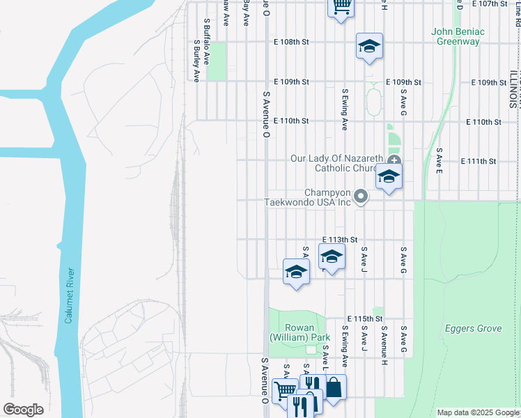 map of restaurants, bars, coffee shops, grocery stores, and more near 11233 South Avenue O in Chicago