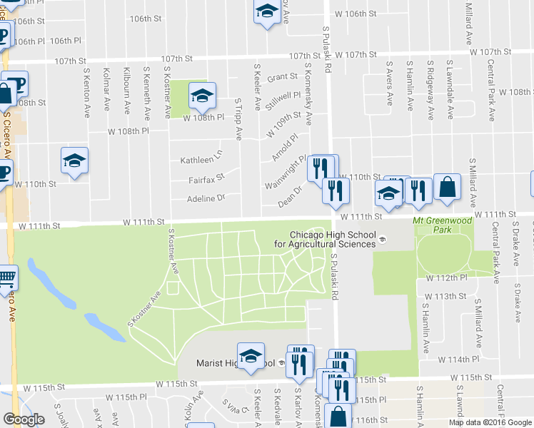 map of restaurants, bars, coffee shops, grocery stores, and more near 11047 South Keeler Avenue in Oak Lawn