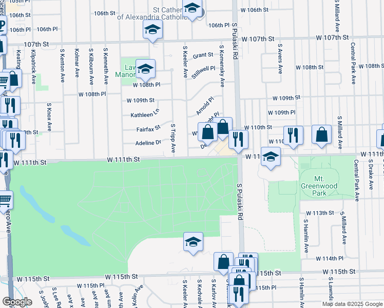 map of restaurants, bars, coffee shops, grocery stores, and more near 11047 South Keeler Avenue in Oak Lawn