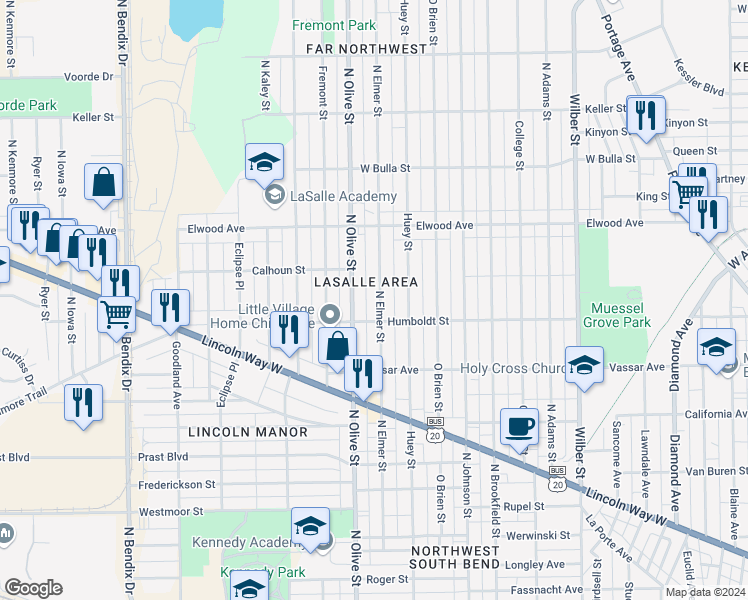 map of restaurants, bars, coffee shops, grocery stores, and more near 1221 North Elmer Street in South Bend