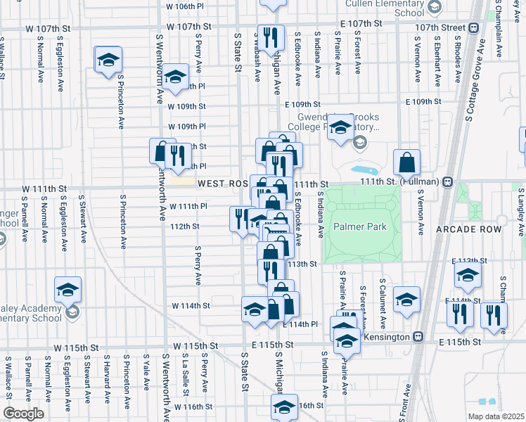 map of restaurants, bars, coffee shops, grocery stores, and more near 33 East 111th Place in Chicago