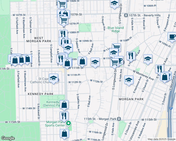 map of restaurants, bars, coffee shops, grocery stores, and more near 2207 West 111th Place in Chicago