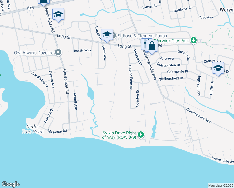 map of restaurants, bars, coffee shops, grocery stores, and more near 116 Long Street in Warwick
