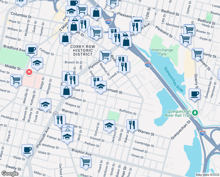 map of restaurants, bars, coffee shops, grocery stores, and more near 296 Snell Street in Fall River