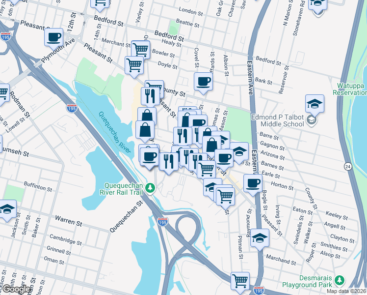 map of restaurants, bars, coffee shops, grocery stores, and more near 232 Harrison Street in Fall River