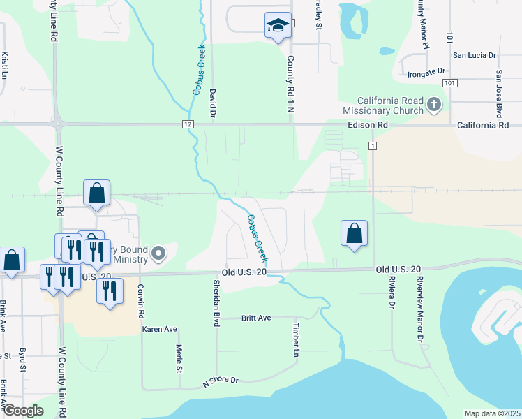 map of restaurants, bars, coffee shops, grocery stores, and more near 55300 Osborn Avenue in Elkhart