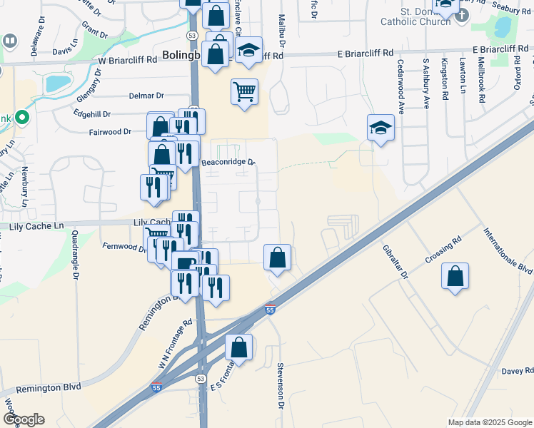 map of restaurants, bars, coffee shops, grocery stores, and more near 410 Providence Court in Bolingbrook