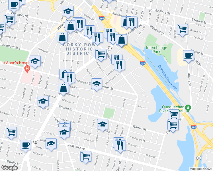 map of restaurants, bars, coffee shops, grocery stores, and more near 296 Snell Street in Fall River