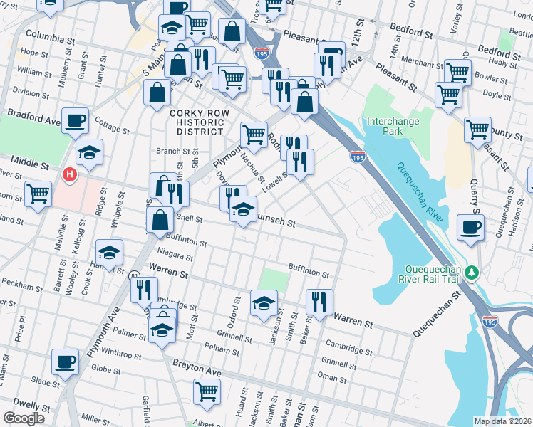 map of restaurants, bars, coffee shops, grocery stores, and more near 296 Snell Street in Fall River
