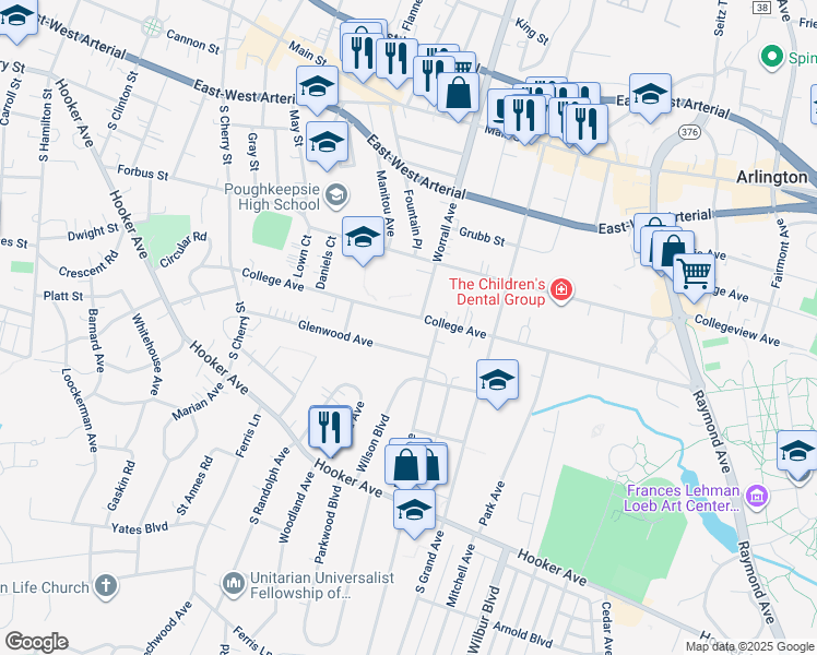 map of restaurants, bars, coffee shops, grocery stores, and more near 79 Glenwood Avenue in Poughkeepsie