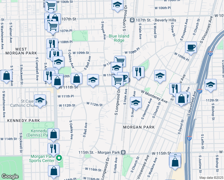 map of restaurants, bars, coffee shops, grocery stores, and more near 11131 South Hoyne Avenue in Chicago