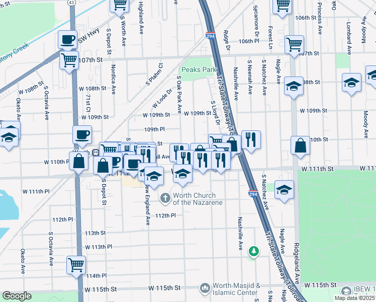 map of restaurants, bars, coffee shops, grocery stores, and more near 6748 West 111th Street in Worth