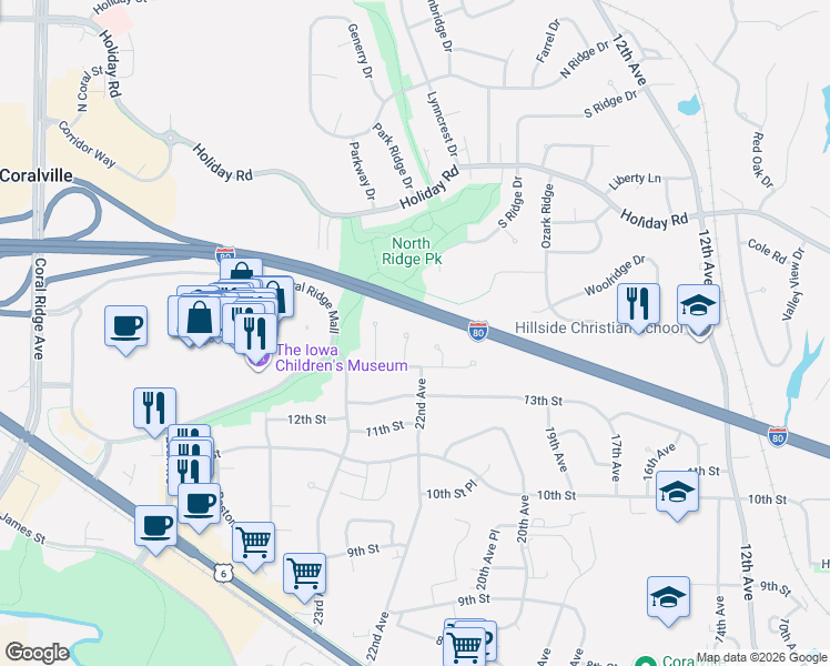 map of restaurants, bars, coffee shops, grocery stores, and more near 1408 Denali Court in Coralville