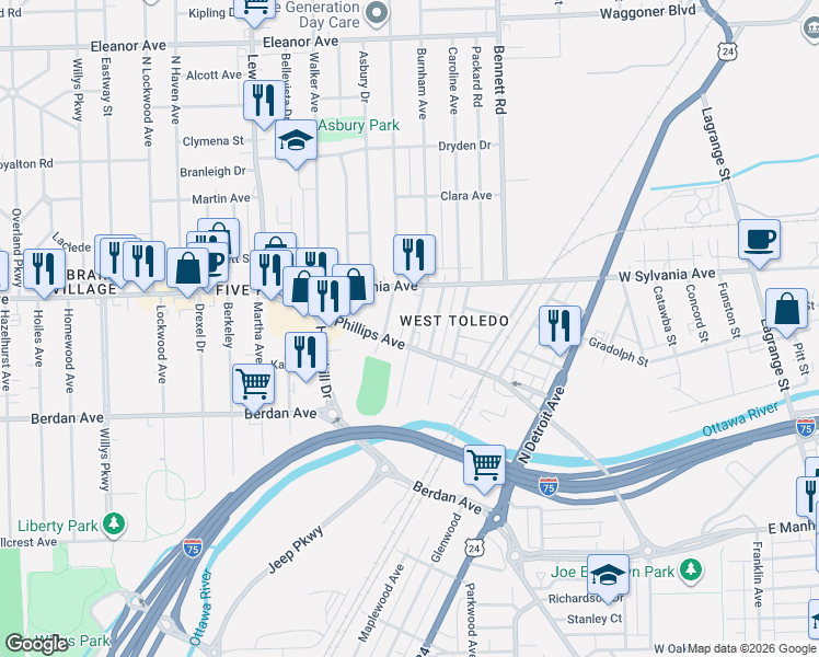 map of restaurants, bars, coffee shops, grocery stores, and more near 630 Phillips Avenue in Toledo