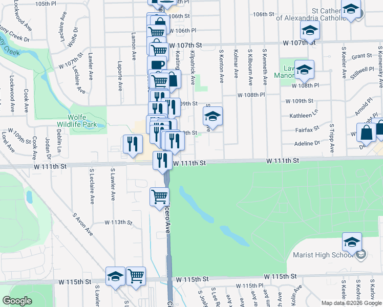 map of restaurants, bars, coffee shops, grocery stores, and more near 4700 West 111th Street in Oak Lawn