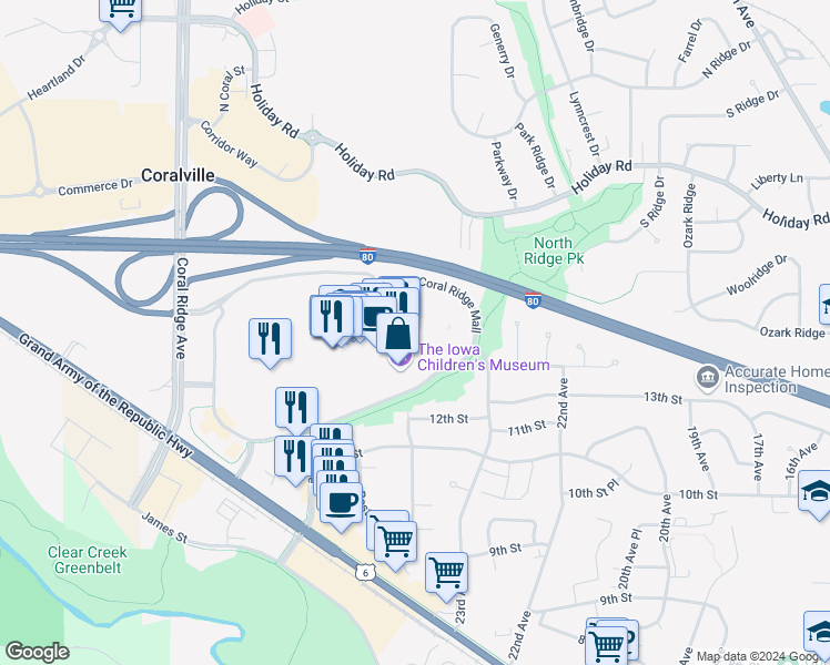 map of restaurants, bars, coffee shops, grocery stores, and more near 1441 Coral Ridge Avenue in Coralville