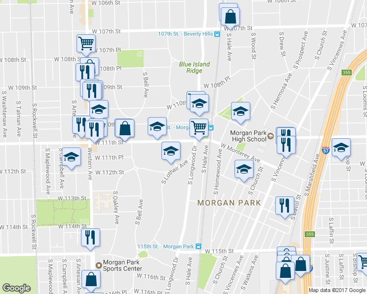 map of restaurants, bars, coffee shops, grocery stores, and more near 2027 West 111th Street in Chicago