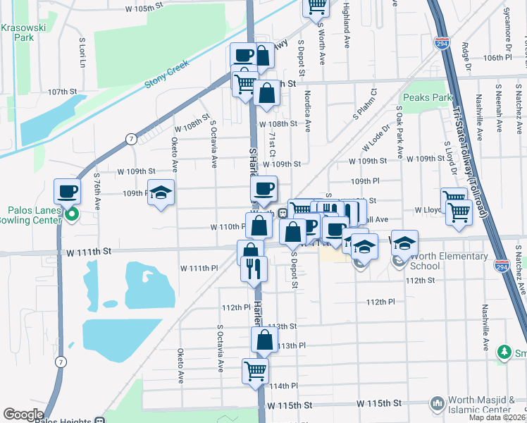 map of restaurants, bars, coffee shops, grocery stores, and more near in Worth
