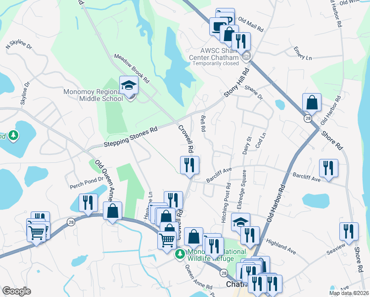 map of restaurants, bars, coffee shops, grocery stores, and more near 3 Captains Row East in Chatham