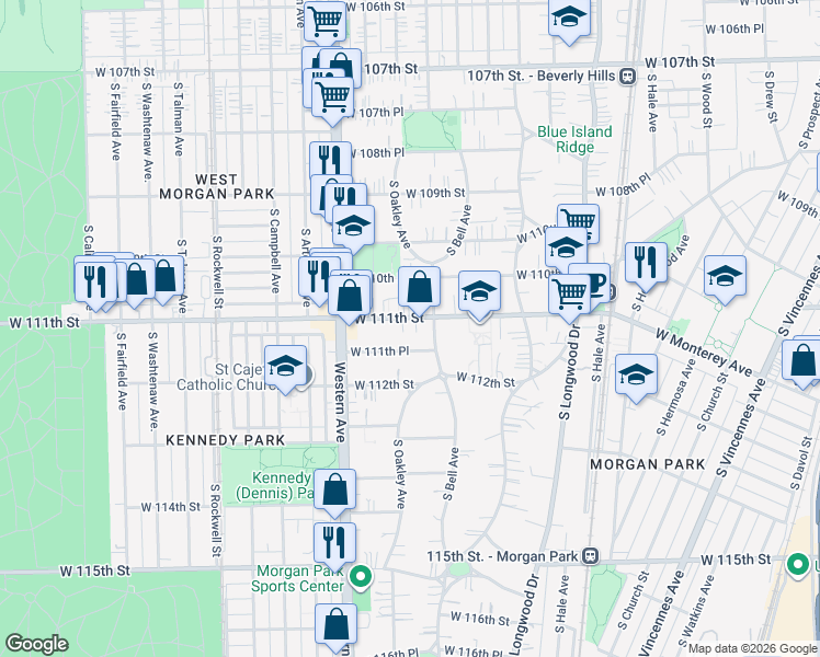 map of restaurants, bars, coffee shops, grocery stores, and more near 2255 West 111th Street in Chicago