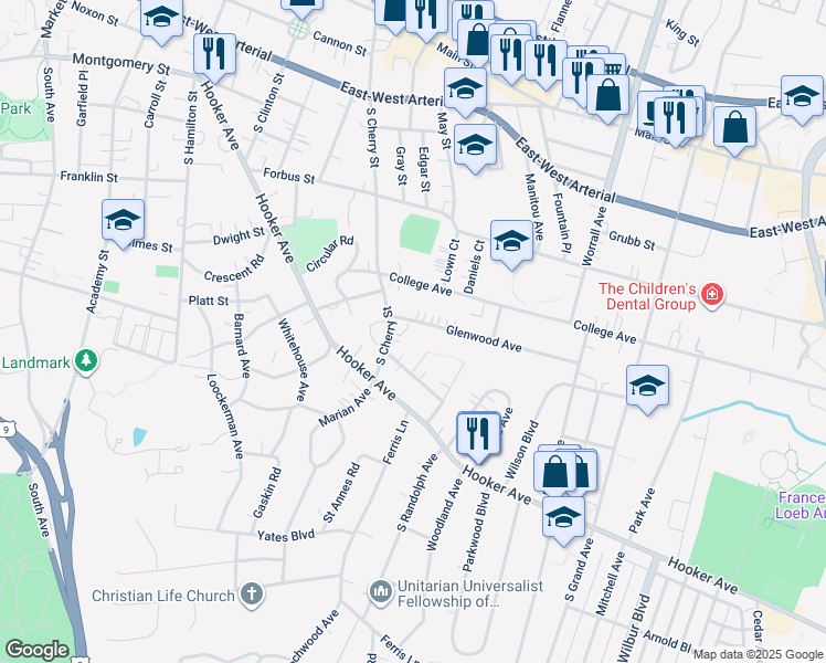 map of restaurants, bars, coffee shops, grocery stores, and more near 1 Underhill Avenue in Poughkeepsie