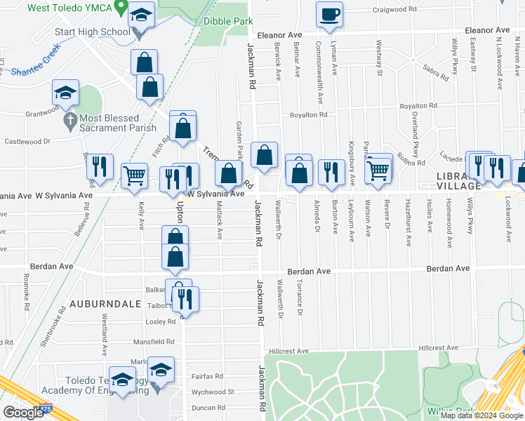 map of restaurants, bars, coffee shops, grocery stores, and more near 3940 Jackman Road in Toledo