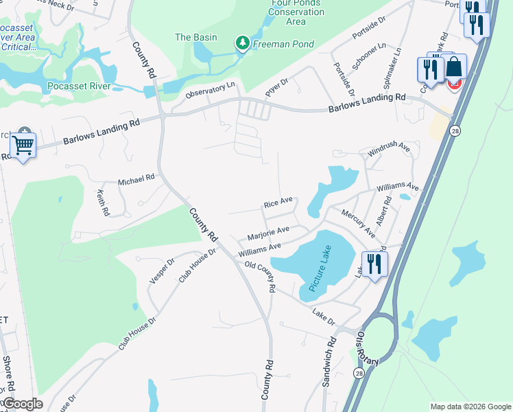 map of restaurants, bars, coffee shops, grocery stores, and more near 23 Avery Road in Bourne