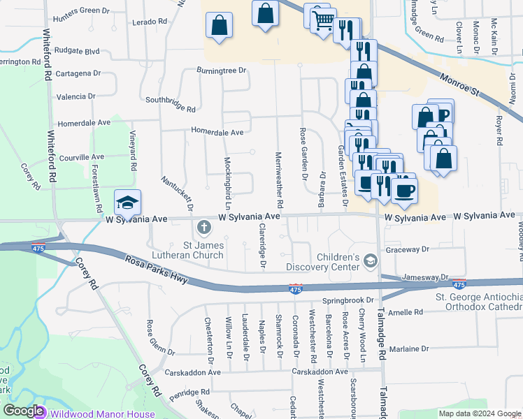 map of restaurants, bars, coffee shops, grocery stores, and more near 4558 West Sylvania Avenue in Toledo