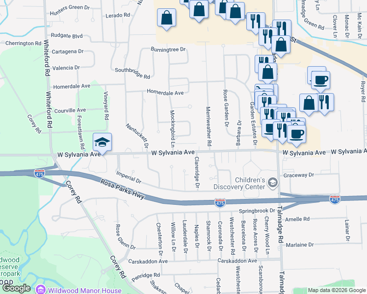 map of restaurants, bars, coffee shops, grocery stores, and more near 4618 West Sylvania Avenue in Toledo
